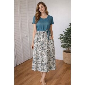 Kalinka Teal Cream Linen Floral Midi Dress Sz M Cottagecore Boho Modest Prairie
